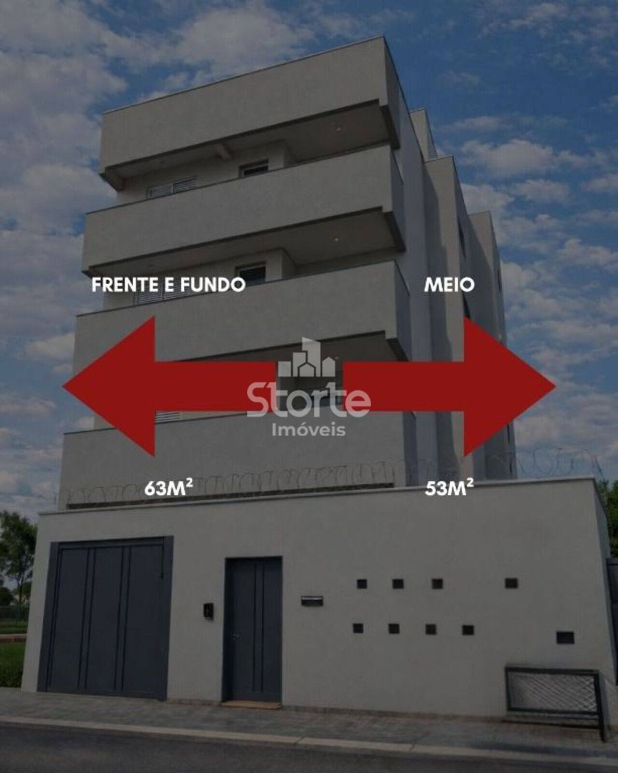 Fachada do prédio indicando os apartamentos de frente e fundo com 63 m² e os do meio com 53 m²
